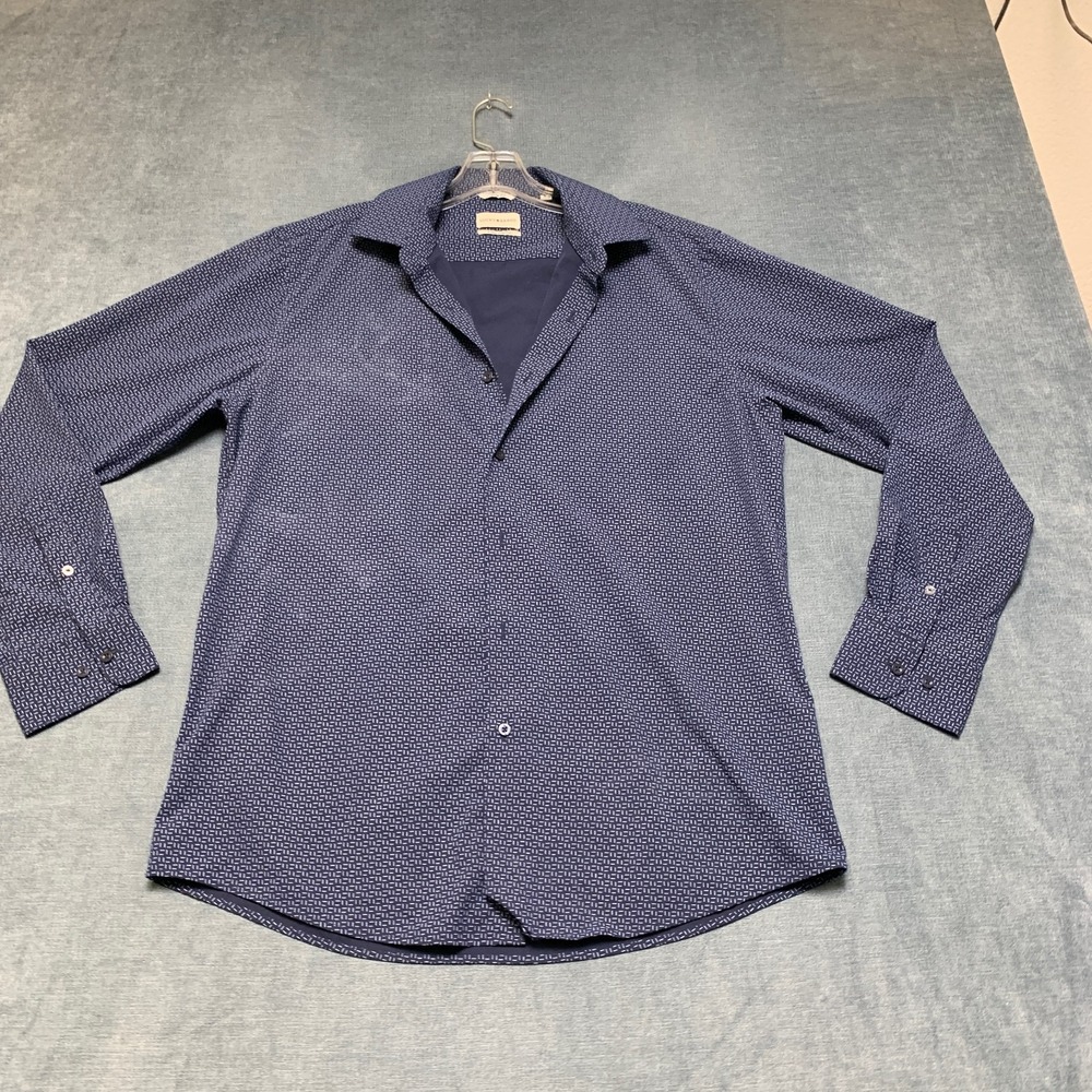 Lucky Brand Dress Shirt Mens 15.5 Navy Blue Geometric Slim Fit Formal Business